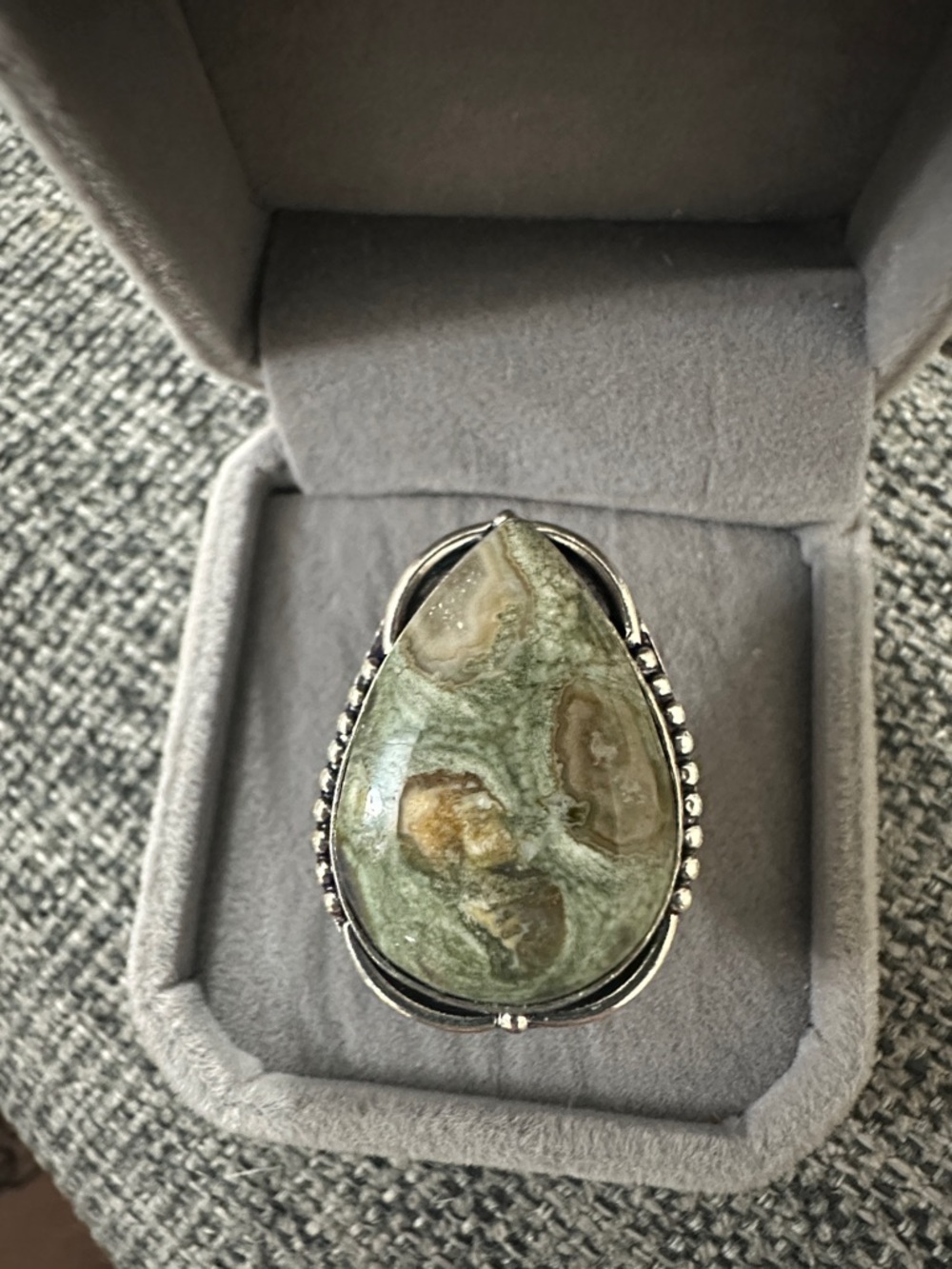 Green Rainforest Rhyolite Jasper Teardrop Sterling Silver Ring - Size 11